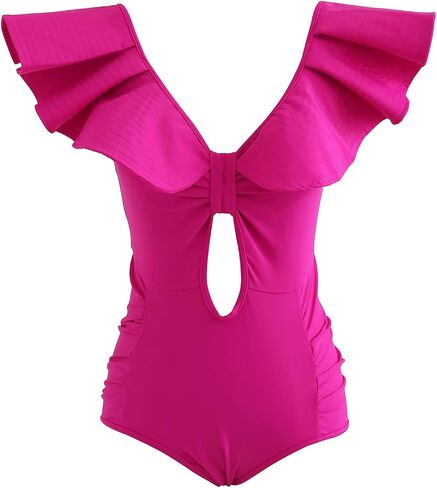 CHICWISH Women's Black/White/Blue/Magenta Plunging V-Neck Ruffle One-Piece Swimsuit in Saudi Arabia