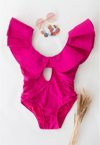 CHICWISH Women's Black/White/Blue/Magenta Plunging V-Neck Ruffle One-Piece Swimsuit in Saudi Arabia