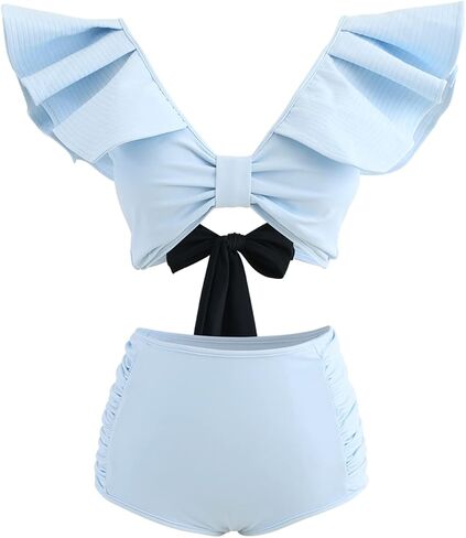 CHICWISH Women's Black/White/Blue/Magenta Plunging V-Neck Ruffle One-Piece Swimsuit in Saudi Arabia