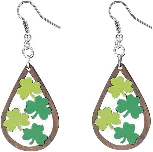 Pingyongchang St. Patrick's Day Earrings Irish Shamrock Rainbow Wood Dangle Drop Earrings Handmade Green Clover Cat Dog Wooden Earrings for Women Girls Holiday Good Lucky Jewelry Gift in Saudi Arabia