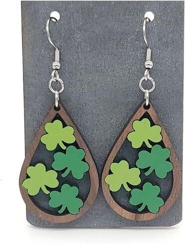 Pingyongchang St. Patrick's Day Earrings Irish Shamrock Rainbow Wood Dangle Drop Earrings Handmade Green Clover Cat Dog Wooden Earrings for Women Girls Holiday Good Lucky Jewelry Gift in Saudi Arabia