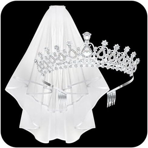 Chanaco زفاف العروس تاج الحجاب الدانتيل للنساء وصيفة الشرف، كريستال تيارا والحجاب الأبيض للفتيات حفلة العازبة، الأميرة أحجار الراين تاج وحجاب الشعر مجموعة اكسسوارات للاستحمام الزفاف in Kuwait