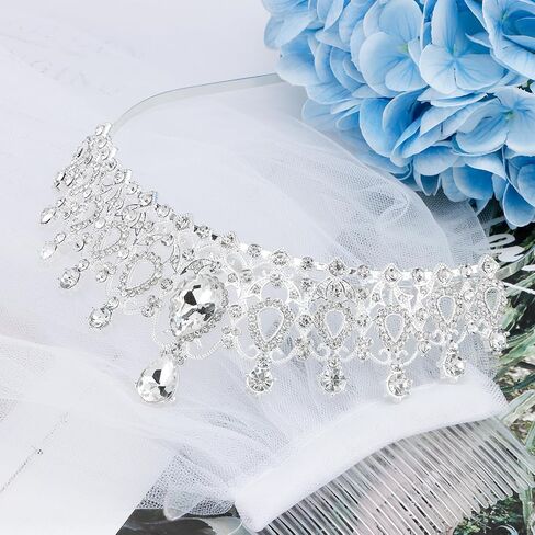 Chanaco زفاف العروس تاج الحجاب الدانتيل للنساء وصيفة الشرف، كريستال تيارا والحجاب الأبيض للفتيات حفلة العازبة، الأميرة أحجار الراين تاج وحجاب الشعر مجموعة اكسسوارات للاستحمام الزفاف in Kuwait