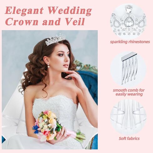 Chanaco زفاف العروس تاج الحجاب الدانتيل للنساء وصيفة الشرف، كريستال تيارا والحجاب الأبيض للفتيات حفلة العازبة، الأميرة أحجار الراين تاج وحجاب الشعر مجموعة اكسسوارات للاستحمام الزفاف in Kuwait