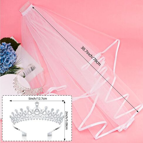 Chanaco زفاف العروس تاج الحجاب الدانتيل للنساء وصيفة الشرف، كريستال تيارا والحجاب الأبيض للفتيات حفلة العازبة، الأميرة أحجار الراين تاج وحجاب الشعر مجموعة اكسسوارات للاستحمام الزفاف in Kuwait