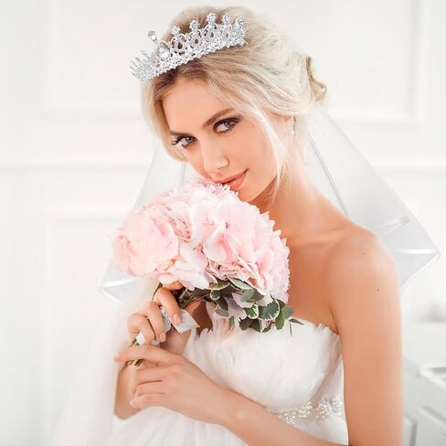 Chanaco زفاف العروس تاج الحجاب الدانتيل للنساء وصيفة الشرف، كريستال تيارا والحجاب الأبيض للفتيات حفلة العازبة، الأميرة أحجار الراين تاج وحجاب الشعر مجموعة اكسسوارات للاستحمام الزفاف in Kuwait