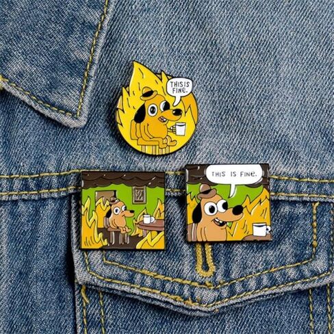 Cartoon Dog Coffee Fire Cup Enamel Pin Cute Unique Brooches This Is Fine Lapel Pins Badge Funny Animal Jewelry Gift For Fan, Random color, Metal, no gemstone in Kuwait