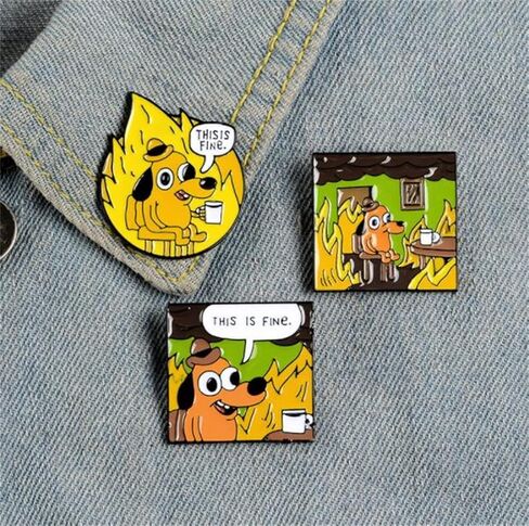 Cartoon Dog Coffee Fire Cup Enamel Pin Cute Unique Brooches This Is Fine Lapel Pins Badge Funny Animal Jewelry Gift For Fan, Random color, Metal, no gemstone in Kuwait