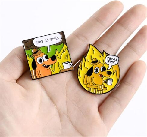 Cartoon Dog Coffee Fire Cup Enamel Pin Cute Unique Brooches This Is Fine Lapel Pins Badge Funny Animal Jewelry Gift For Fan, Random color, Metal, no gemstone in Kuwait