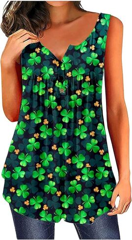 سترة علوية نسائية من Roshop St Patrick's Day Lucky Shamrocks بأربع أوراق البرسيم مطبوعة بأزرار وياقة بدون أكمام ومطويات in Kuwait