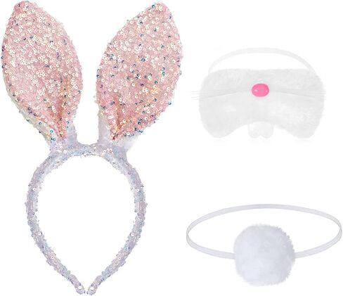 اييجيليو مجموعة زي تنكري على شكل اذني ارنب عيد الفصح، راس ارنب ابيض من الترتر، ذيل انف ارنب، اكسسوار تنكري للهالوين وعيد الفصح للفتيات والنساء in Kuwait