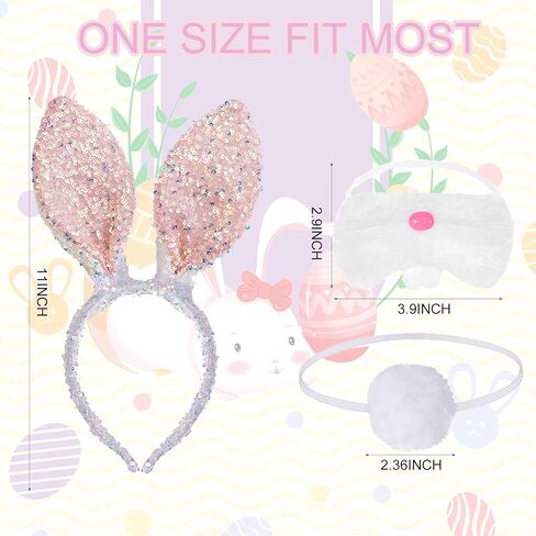 اييجيليو مجموعة زي تنكري على شكل اذني ارنب عيد الفصح، راس ارنب ابيض من الترتر، ذيل انف ارنب، اكسسوار تنكري للهالوين وعيد الفصح للفتيات والنساء in Kuwait