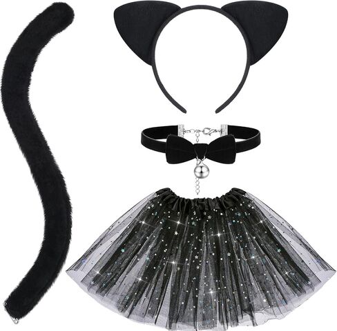 Hotop 4 Pcs Halloween Girls Cat Costume Set Cat Ears Headband Tail Bow Tie Tutu Skirt for Kitty Halloween Dress up Party in Saudi Arabia