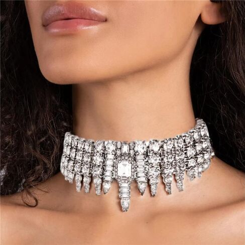 Xerling Shiny Crystal Pendant Wedding Choker Necklaces for Women Silver Layered Rhinestones Statement Bridal Necklaces Elegant Zircon Necklaces for Girls Party in Saudi Arabia
