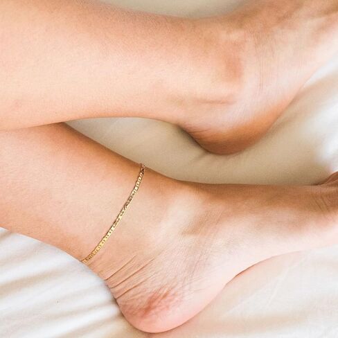 MEVECCO سوار خلخال ذهبي 18 قيراط مطلي بالذهب خلخال أنيق لطيف حبة مسطحة مقطوعة بالليزر سطح مسطح بيضاوي سلسلة ربط مكعب سلسلة ثعبان خلخال خلخال شاطئ صيفي رقيق للنساء in Kuwait