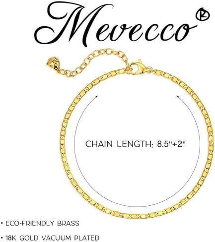 MEVECCO سوار خلخال ذهبي 18 قيراط مطلي بالذهب خلخال أنيق لطيف حبة مسطحة مقطوعة بالليزر سطح مسطح بيضاوي سلسلة ربط مكعب سلسلة ثعبان خلخال خلخال شاطئ صيفي رقيق للنساء in Kuwait