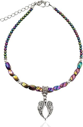 BESHEEK Rainbow Hue Twisted Hematite and Round Artisan Beaded Wing Charm Anklet with Extension | Handmade Hypoallergenic Beach Gala Wedding Style Jewelry in Kuwait