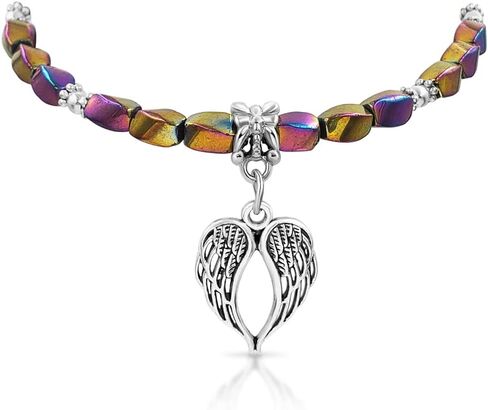 BESHEEK Rainbow Hue Twisted Hematite and Round Artisan Beaded Wing Charm Anklet with Extension | Handmade Hypoallergenic Beach Gala Wedding Style Jewelry in Kuwait