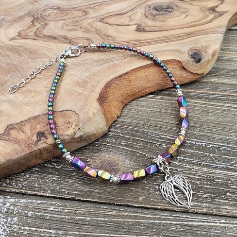 BESHEEK Rainbow Hue Twisted Hematite and Round Artisan Beaded Wing Charm Anklet with Extension | Handmade Hypoallergenic Beach Gala Wedding Style Jewelry in Kuwait