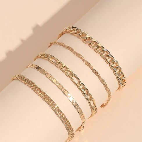 14k gold anklets for Women stacked Ankle Bracelets stainless steel gold Plated anklet Waterproof Layered Cuban Figaro Link Chain Anklets jewelry Set beach Anklets Jewelry Gift Adjustable Size in Saudi Arabia