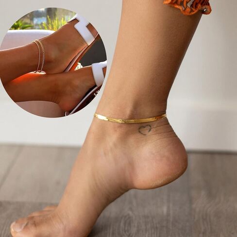 14k gold anklets for Women stacked Ankle Bracelets stainless steel gold Plated anklet Waterproof Layered Cuban Figaro Link Chain Anklets jewelry Set beach Anklets Jewelry Gift Adjustable Size in Saudi Arabia