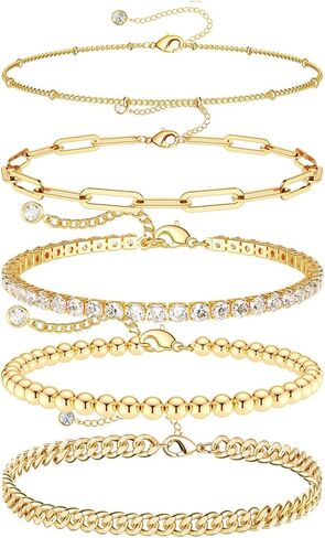 14k gold anklets for Women stacked Ankle Bracelets stainless steel gold Plated anklet Waterproof Layered Cuban Figaro Link Chain Anklets jewelry Set beach Anklets Jewelry Gift Adjustable Size in Saudi Arabia