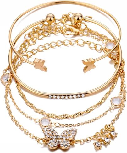 Caiyao 14K Gold Bohemian Layered Stacking Link Chain Butterfly Pendant Honeycomb Bangle Set Rhinestone Bead Bracelet Stackable Animal Cuff Jewelry for Women Girls in Saudi Arabia