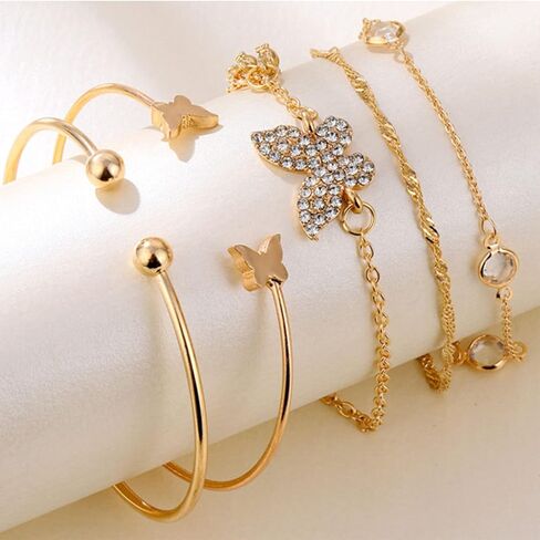 Caiyao 14K Gold Bohemian Layered Stacking Link Chain Butterfly Pendant Honeycomb Bangle Set Rhinestone Bead Bracelet Stackable Animal Cuff Jewelry for Women Girls in Saudi Arabia