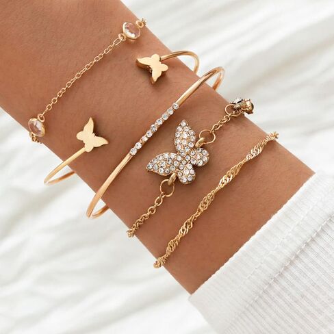 Caiyao 14K Gold Bohemian Layered Stacking Link Chain Butterfly Pendant Honeycomb Bangle Set Rhinestone Bead Bracelet Stackable Animal Cuff Jewelry for Women Girls in Saudi Arabia