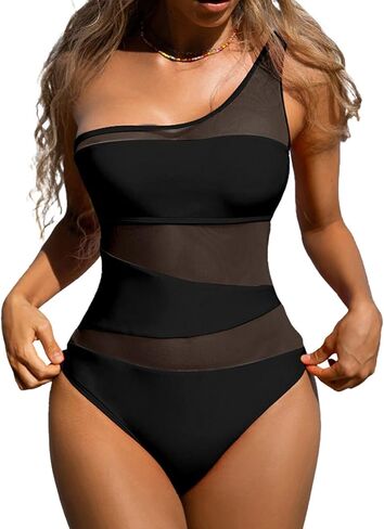 ملابس سباحة بيكيني مثيرة من قطعة واحدة للنساء بكتف واحد مونوكيني لباس سباحة شبكي للتحكم في البطن in Kuwait