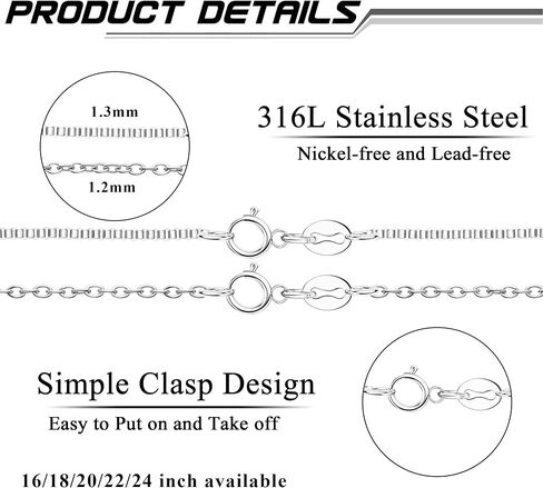 THUNARAZ Dainty Silver Chain Necklace for Women Men Stainless Steel Box Chain Cable Chain 1.2mm 1.3mm Thin & Dainty & Sturdy Chain Necklace 16-24inch with Extension Chain Included in Saudi Arabia