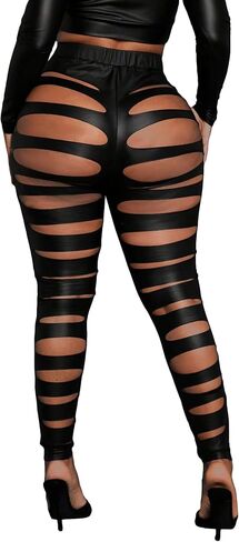 MakeMeChic Women's Cut Out PU Leather Leggings Ripped High Waist Skinny Pants in Kuwait