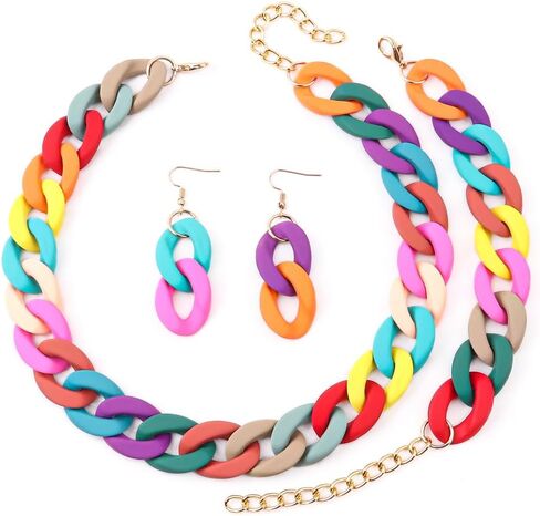 Macaron Multicolor Chunky Necklace Earring Bracelet Set Acrylic Beads Retro Costume Jewelry for Women Hip Hop Punk Choker Link Chain Collar Bohemian Exaggerated 80S Statement Strand Dress Accessories in Saudi Arabia