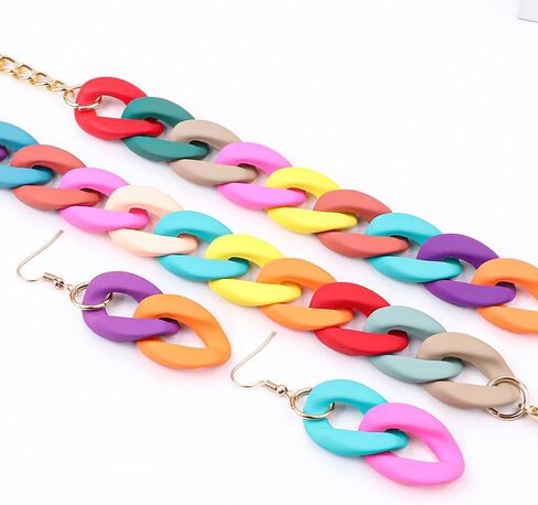 Macaron Multicolor Chunky Necklace Earring Bracelet Set Acrylic Beads Retro Costume Jewelry for Women Hip Hop Punk Choker Link Chain Collar Bohemian Exaggerated 80S Statement Strand Dress Accessories in Saudi Arabia