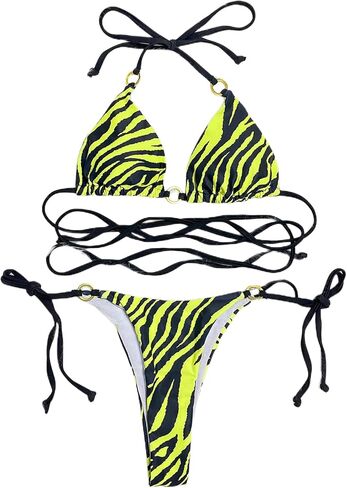 Women's 2 Piece Zebra Print Thong Bikini Sexy Bandage Cross Wrap Swimsuit String Bathing Suit in Saudi Arabia