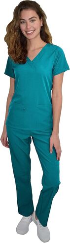 Green Town Scrubs for Women Scrub Set - V-Neck Top and Straight Leg Pant, 5 Pockets, Easy Care, Solids and Prints Uniforms -Teal-Large Petite in Saudi Arabia