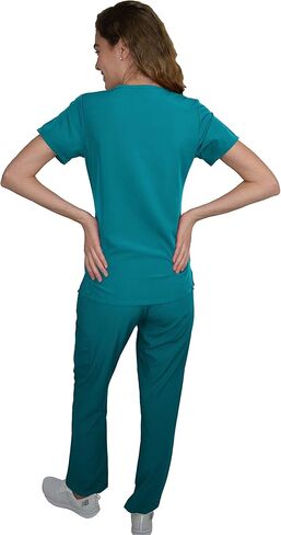 Green Town Scrubs for Women Scrub Set - V-Neck Top and Straight Leg Pant, 5 Pockets, Easy Care, Solids and Prints Uniforms -Teal-Large Petite in Saudi Arabia