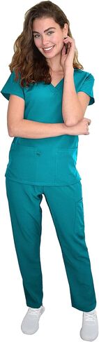Green Town Scrubs for Women Scrub Set - V-Neck Top and Straight Leg Pant, 5 Pockets, Easy Care, Solids and Prints Uniforms -Teal-Large Petite in Saudi Arabia