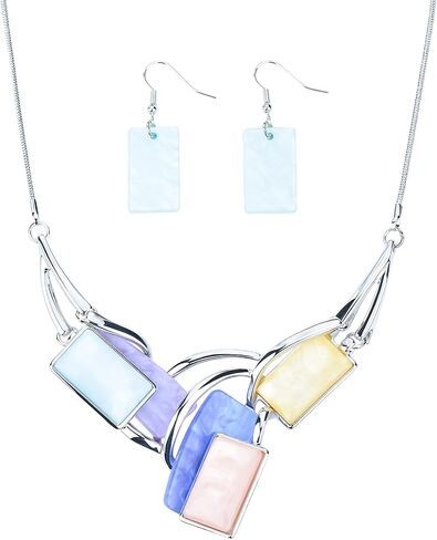 Light Weight Square Alloy Bib Statement Necklaces and Earrings Jewelry Sets for Women Silver Tone in Saudi Arabia