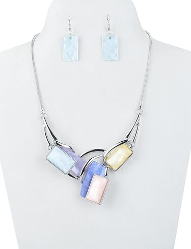 Light Weight Square Alloy Bib Statement Necklaces and Earrings Jewelry Sets for Women Silver Tone in Saudi Arabia
