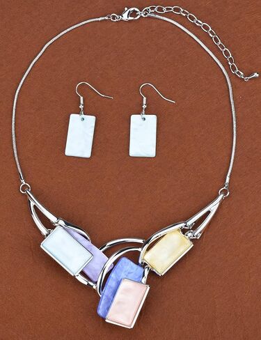 Light Weight Square Alloy Bib Statement Necklaces and Earrings Jewelry Sets for Women Silver Tone in Saudi Arabia