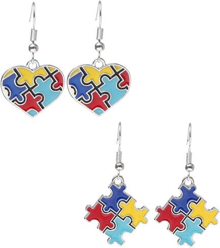 جي جي فايندز اقراط للتوعية بالتوحد، مجموعتان، قطعة احجية مطلية بالمينا وقلب بلون فضي in Kuwait