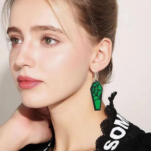 Just Follow Halloween Coffin Mirror Asymmetric Earrings Acrylic Bat Spider Web Horror Casket Dangle Drop Earring Punk Jewelry Gifts for Women Girls Bff in Saudi Arabia
