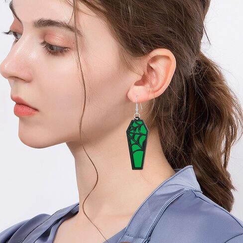 Just Follow Halloween Coffin Mirror Asymmetric Earrings Acrylic Bat Spider Web Horror Casket Dangle Drop Earring Punk Jewelry Gifts for Women Girls Bff in Saudi Arabia