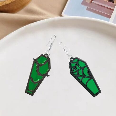 Just Follow Halloween Coffin Mirror Asymmetric Earrings Acrylic Bat Spider Web Horror Casket Dangle Drop Earring Punk Jewelry Gifts for Women Girls Bff in Saudi Arabia