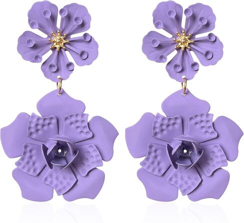 Just Follow Large Double Flower Earrings Candy Color Metal Flower Dangle Earrings Romantic Boho Sweet Chic Wild Flower Statement Earrings for Women Girl Wedding Party Jewelry in Saudi Arabia