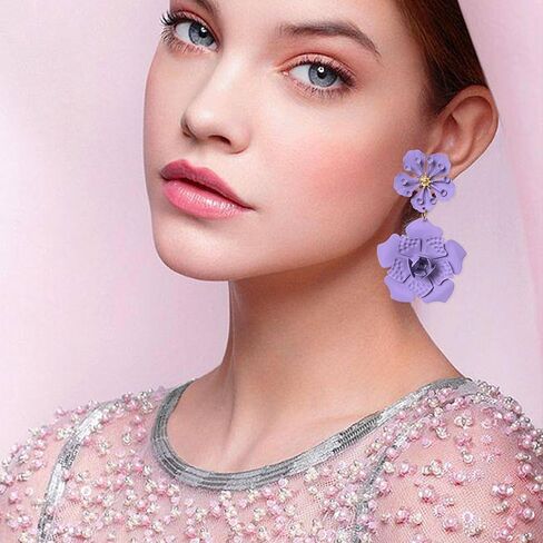 Just Follow Large Double Flower Earrings Candy Color Metal Flower Dangle Earrings Romantic Boho Sweet Chic Wild Flower Statement Earrings for Women Girl Wedding Party Jewelry in Saudi Arabia