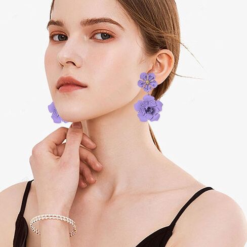 Just Follow Large Double Flower Earrings Candy Color Metal Flower Dangle Earrings Romantic Boho Sweet Chic Wild Flower Statement Earrings for Women Girl Wedding Party Jewelry in Saudi Arabia