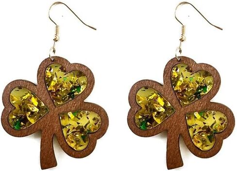 St. Patrick's Day Earrings Wooden Glitter Irish Shamrock Green Clover Dangle Earrings Sparkle Cute Good Lucky For Women Girls Jewelry Gift in Saudi Arabia