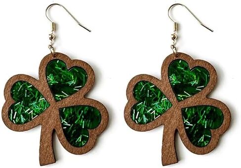 St. Patrick's Day Earrings Wooden Glitter Irish Shamrock Green Clover Dangle Earrings Sparkle Cute Good Lucky For Women Girls Jewelry Gift in Saudi Arabia